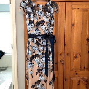 Adrianna Papell embroidered long sheath dress, blue and nude, 8P